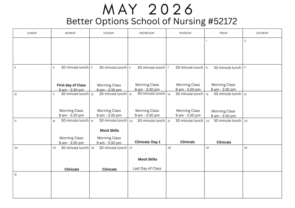 Course Schedule | Better Options School of Nursing