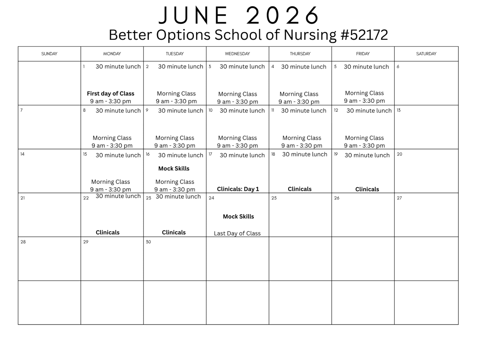 Course Schedule | Better Options School of Nursing